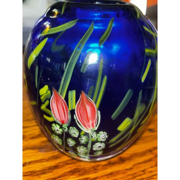 Arthur Kusak Hand Blown Glass Vase Millifiori Floral No Chips Cracks Heavy 5” - Picture 5 of 8